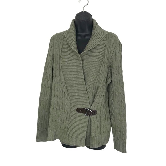 Lauren Ralph Lauren Green Cable Knit Sweater With Equestrian Like Buckle Size L - Picture 2 of 7